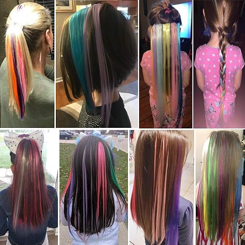 Miniatura 3 de 24 extensiones de cabello con clip de 12 colores de 22 pulgadas, arcoíris, resistentes al calor, lacio, con reflejos, Halloween, cosplay, fiesta,