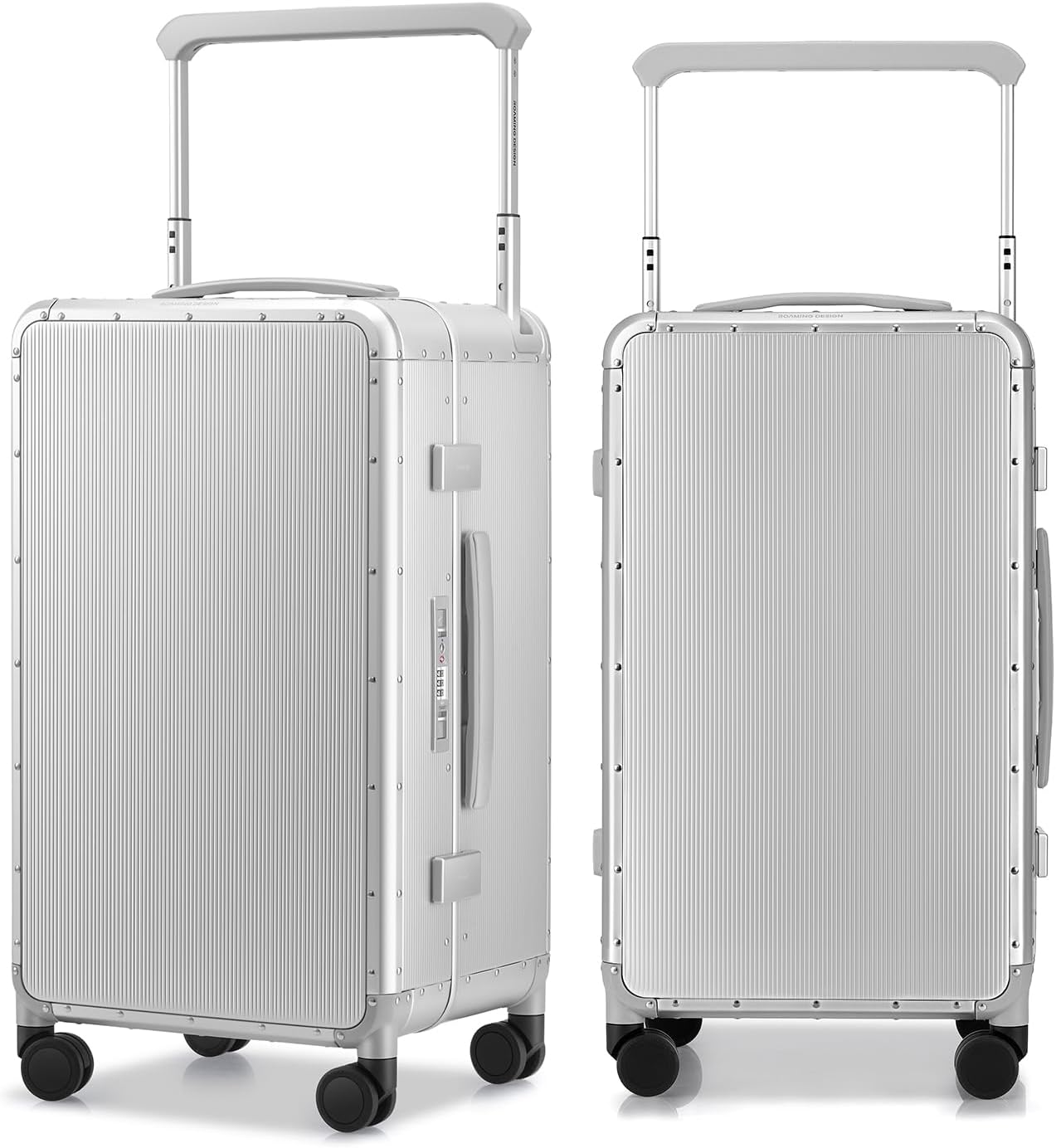 ROAMING 24 Inch Check Luggage Durable All Aluminum Hard Shell Suitcase with Wide Handle Zipperless with 360 Spinner Wheels, TSA Lock Smart Organizational Pockets for Business Travel Silver