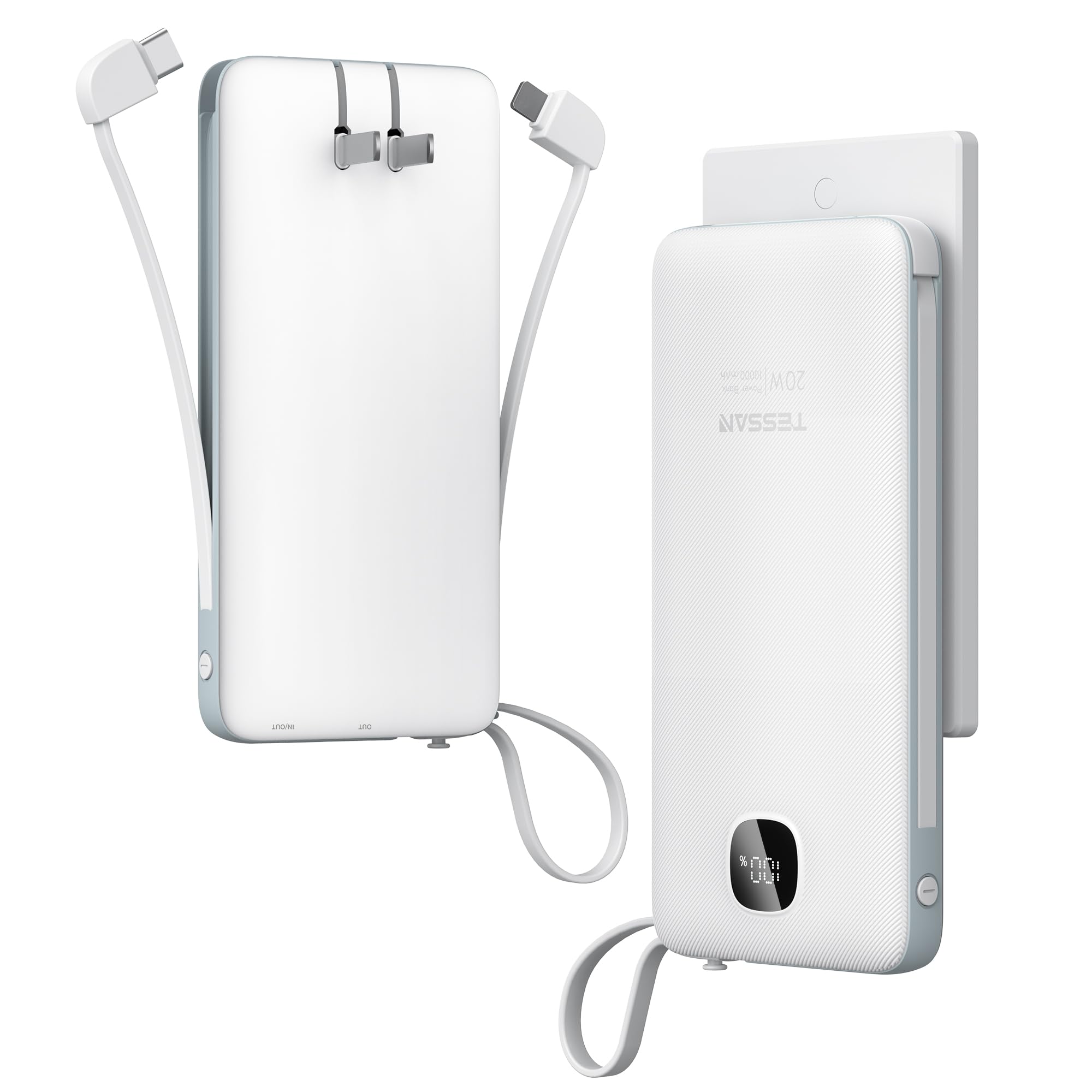TESSAN Portable Charger with Built in Cables, 10000mAh Power Bank Fast Charging with Foldable Wall Plug Charger, 20W Compact Battery Pack Travel Essentials for iPhone 16/15 Series, Samsung, Tablets