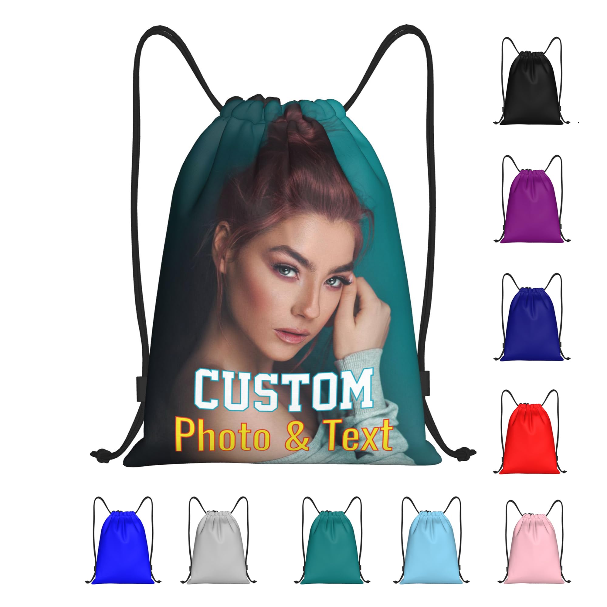 DZTEEKK Customized Personalized Drawstring Gym Bag with Your Own Design Photo/Picture/Logo/Text/Name Printed, Custom Bulk Drawstring Swimming Sports Yoga Shopping Bags, L