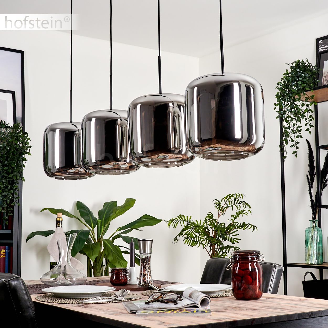Lampadario A Sospensione Lauden In Metallo E Vetro - Design Retrò Moderno, 4 Lampadine E27, Nero/fumé, Altezza Max 147 Cm