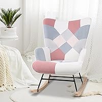 Vista 4 de Mecedora moderna de tela de lino, mecedora con respaldo alto y reposabrazos, cómodo sillón lateral con base de madera maciza para guardería, sala