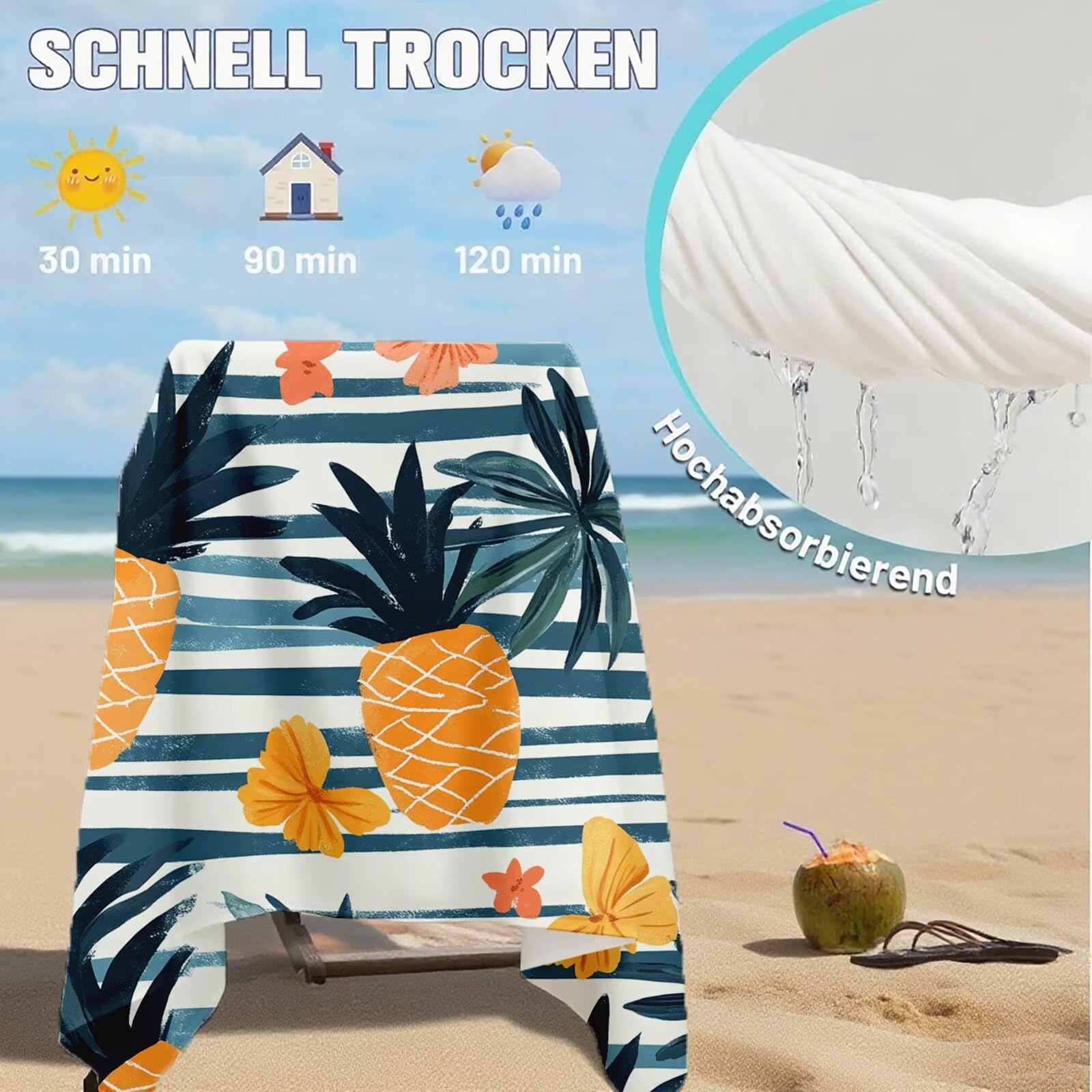 Serviette de Plage Microfibre Serviette Plage 100x220 2 Pack Séchage Rapide, Anti-Sable, Absorbante Fonction drap de plage xxl pour Bain, Sport, Voyages, Sauna, Piscine, Yoga, avec Sac Ananas Q-620