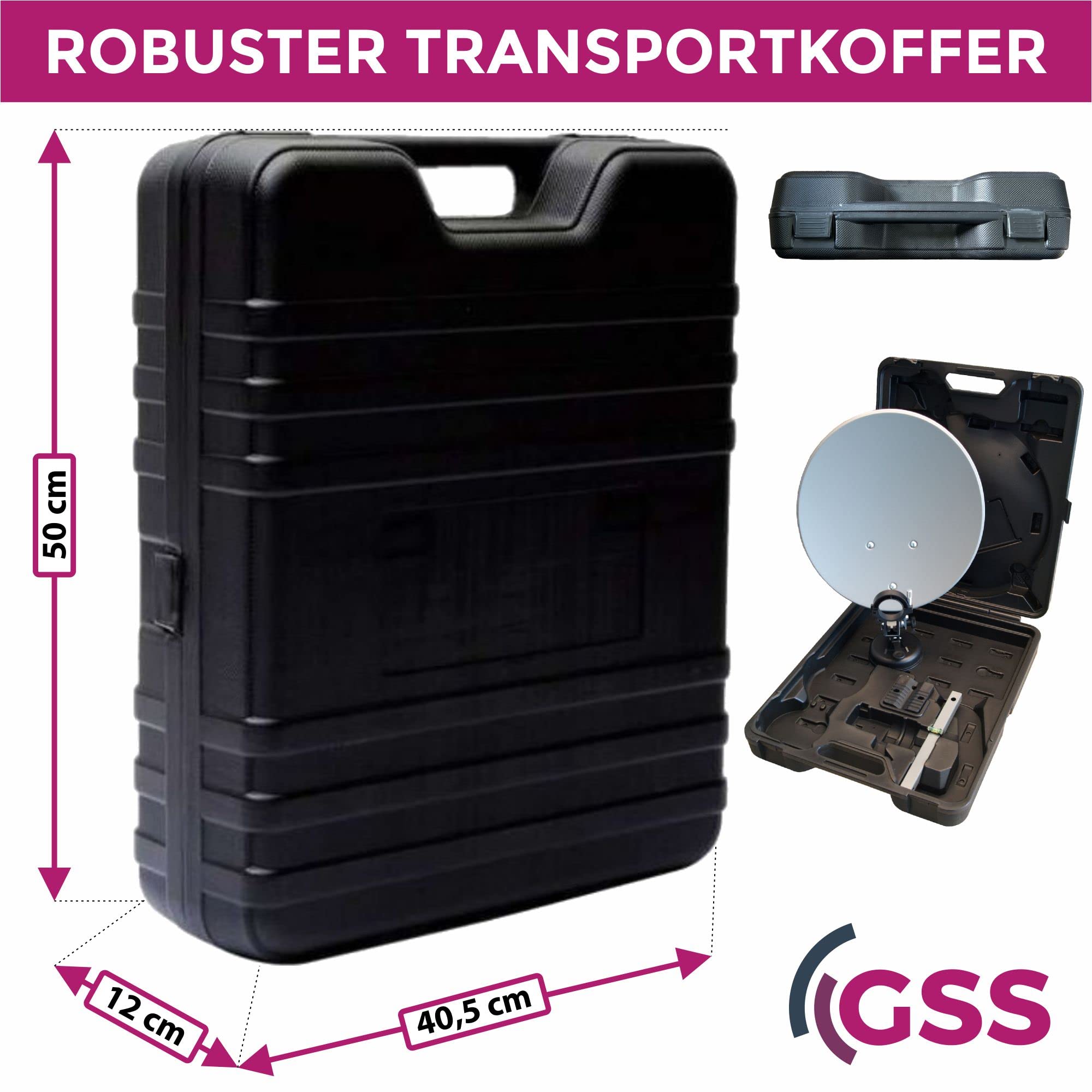 GSS Camping 35 cm Satellitenschüssel Komplettset mit Single LNB im Koffer, Sat Anlage Komplett Antenne, Wohnwagen, Wohnmobil, Camping TV, Mini Anlage, Satellitenschüssel klein