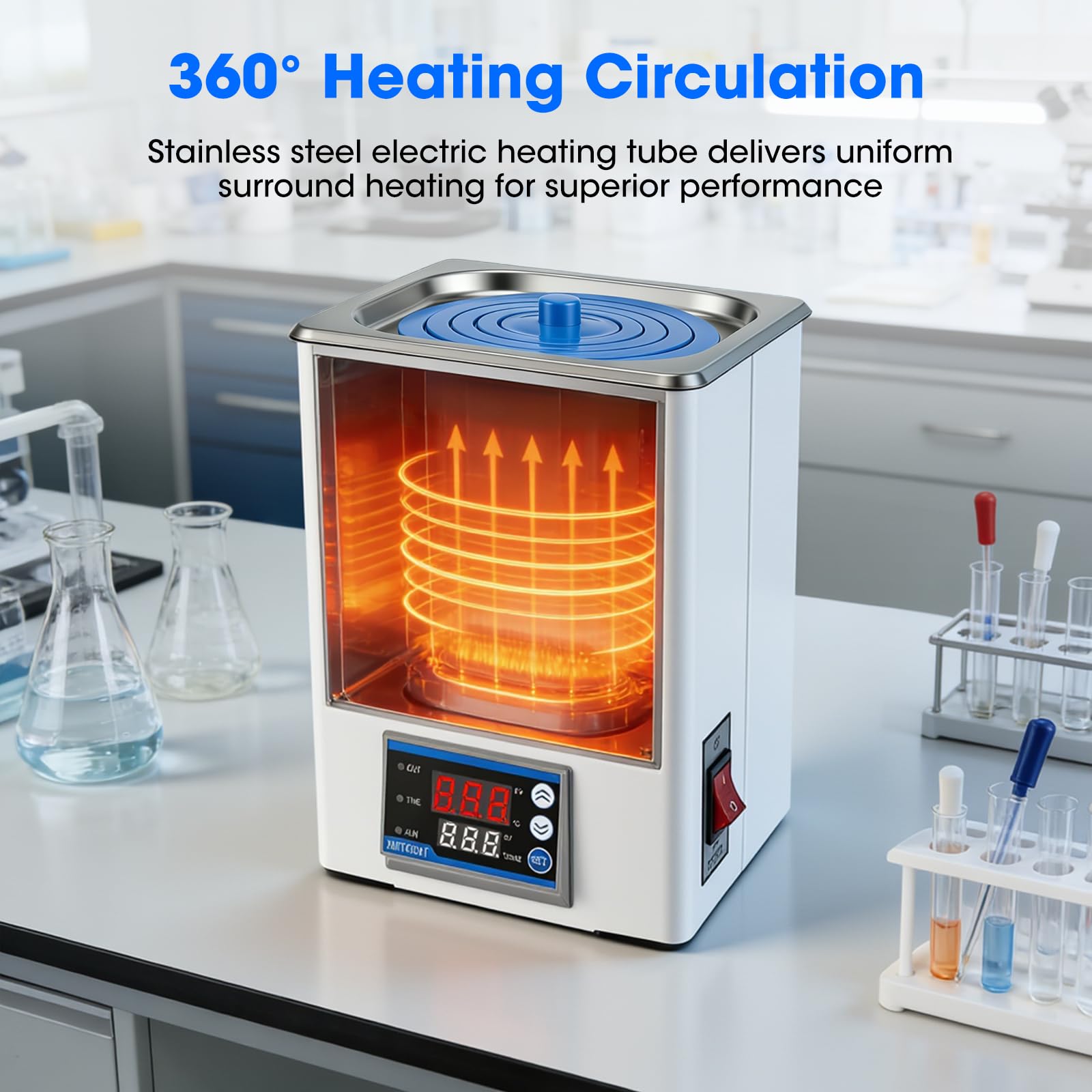 Digitales Labor Wasserbad 3,5L, 300W, Edelstahl Präzises Thermostat ±0,1°C & Timer, LED Display, Trockengehschutz, ideal für Labor & Forschung