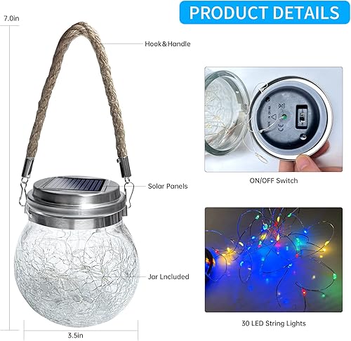 Miniatura 9 de VGE Luces solares colgantes para exteriores paquete de 2 30 luces LED de bola de vidrio agrietada luces de paisaje impermeables alimentadas por