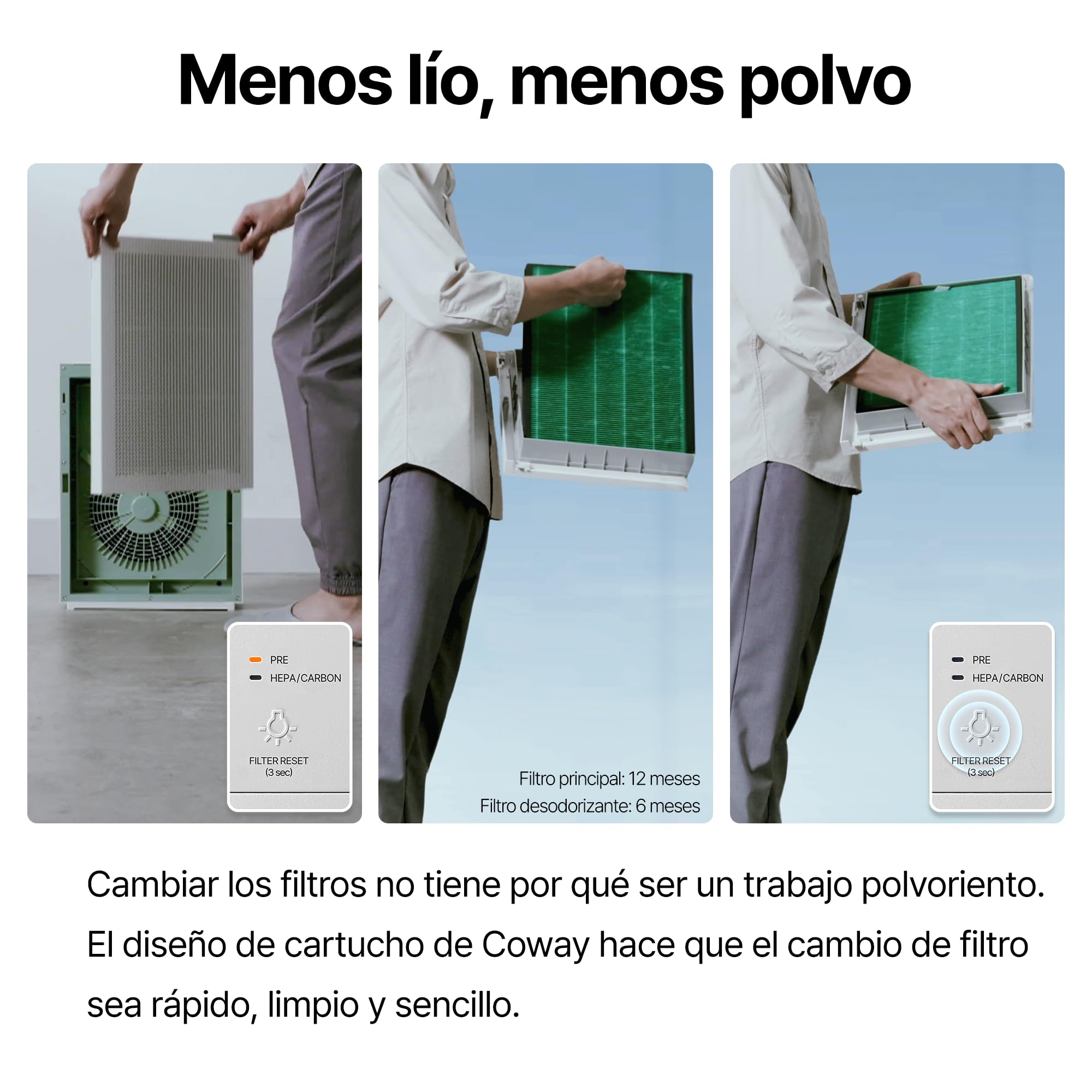 COWAY Purificador Aire, Calima Sahariana Alérgenos Mascotas, ECARF Quiet Mark, Modo Sueño 20 dB, Prefiltro Lavable, HyperCaptive 99,999% 0,01µm, CADR 281m³/h, Garantía 3 Años, Airmega 150, Bianco