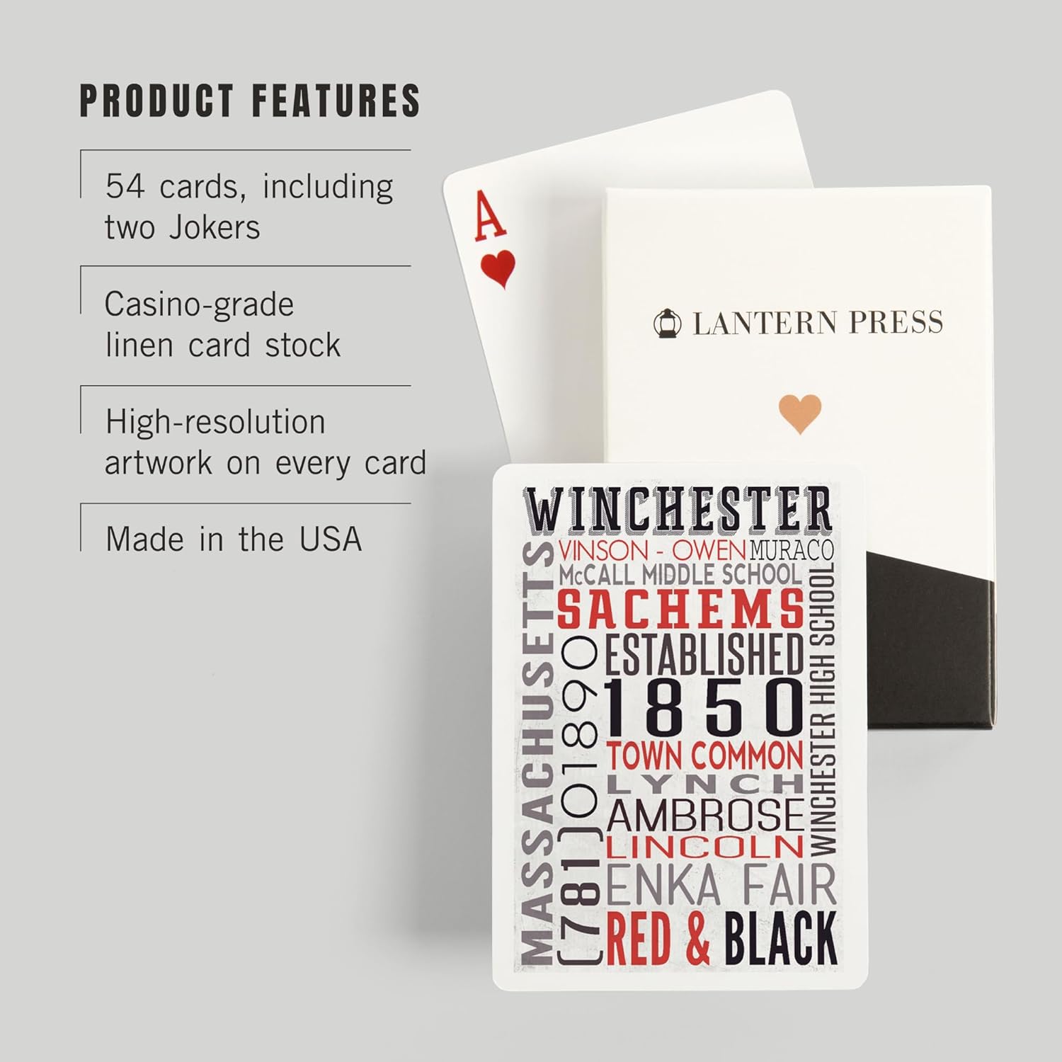 Lantern Press Winchester, Massachusetts, Typography, 52 Playing Cards for Adults, Poker Size Card Deck