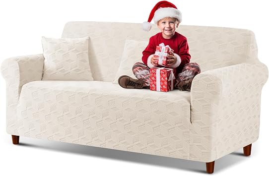 TAOCOCO Loveseat Sofa Cover, 1Piece Couch Cover for 2 Cushion Sofa Washable Loveseat Slipcover with 2PCS Throw Pillow Covers, Jacquard Furniture Protector for Pets Dog2 Seater,Beige