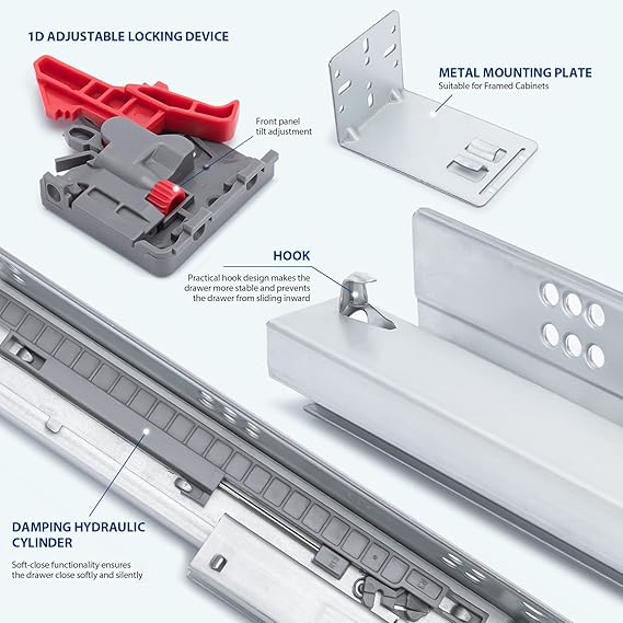 LONTAN 6 Pairs Undermount Soft Close Drawer Slides 21 Inch Hidden Bottom Mount Full Extension Cabinet Rails with Rear mounting Bracket and Locking Devices Concealed Drawer Runners 100lb Load Capacity
