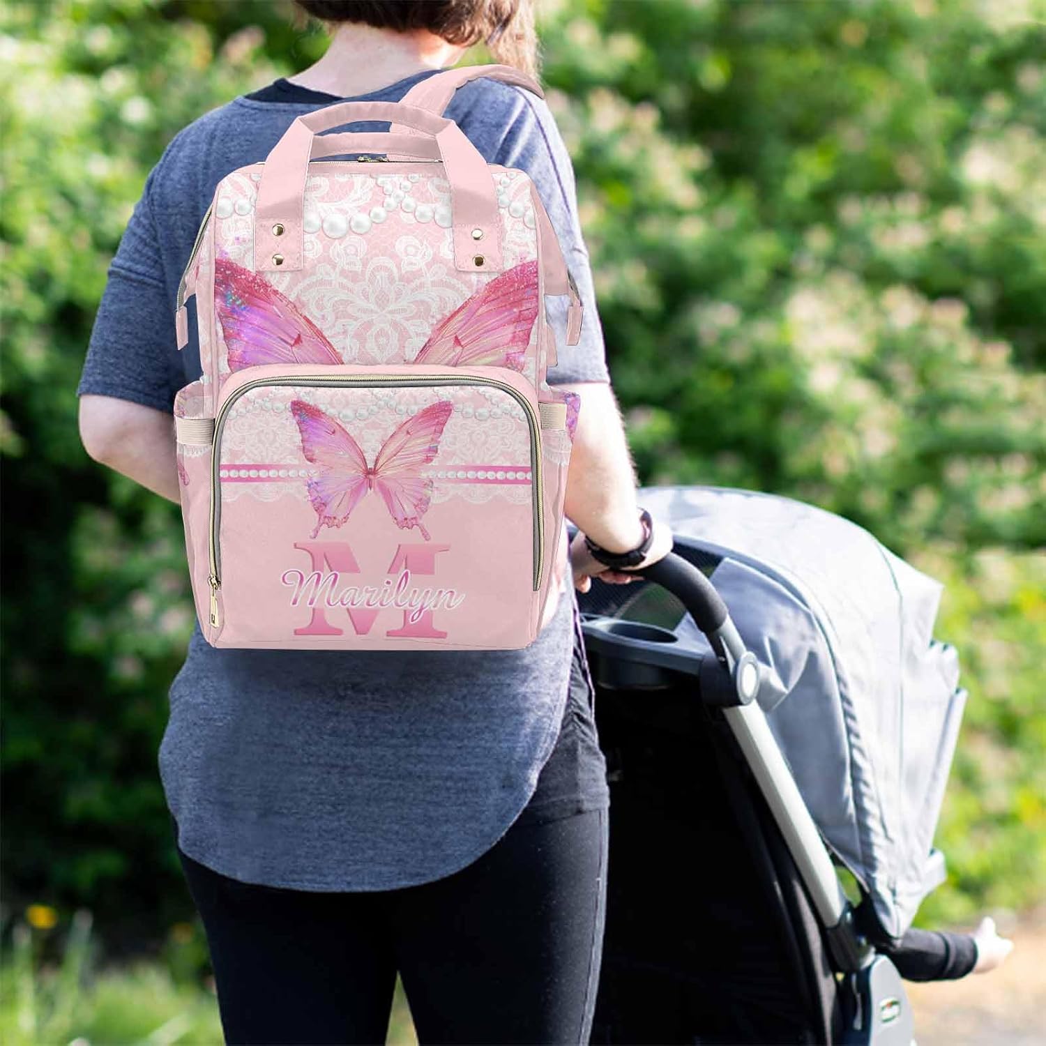 Personalized Name Diaper Bag Baby Girl Bag with Thermal Pockets Butterfly Monogrammed, Customized Mommy Bag with Name for Baby Girls Boys Outdoor Mother's Day Father's Day