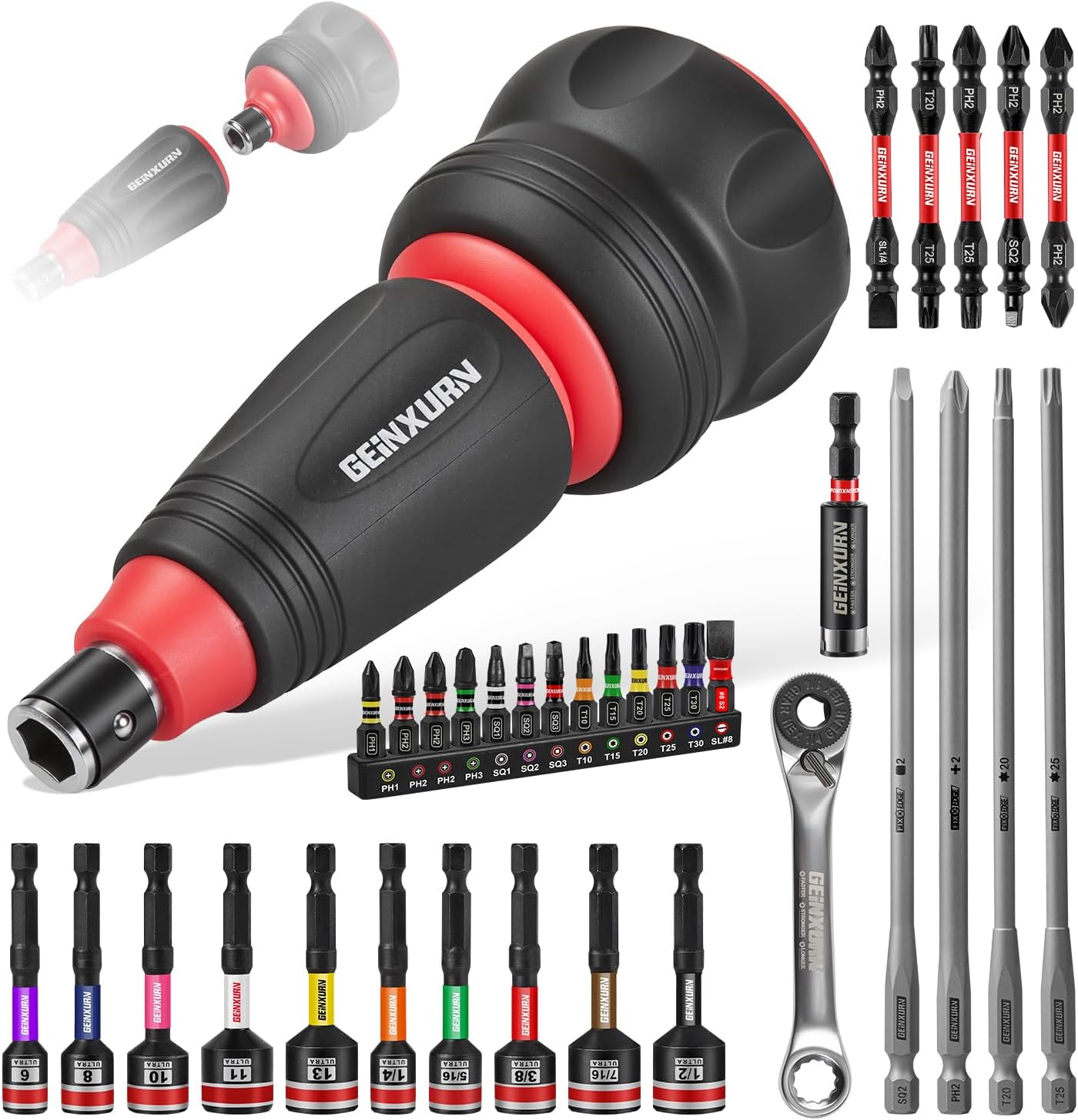 Geinxurn 35Pieces Impact Magnetic Screwdriver Set Include Stubby 2in1 Rachet Screwdriver Handle, Dual End Ratchet Socket Wrench, Bit Holder and Nut Driver for Repair & Outdoor Work