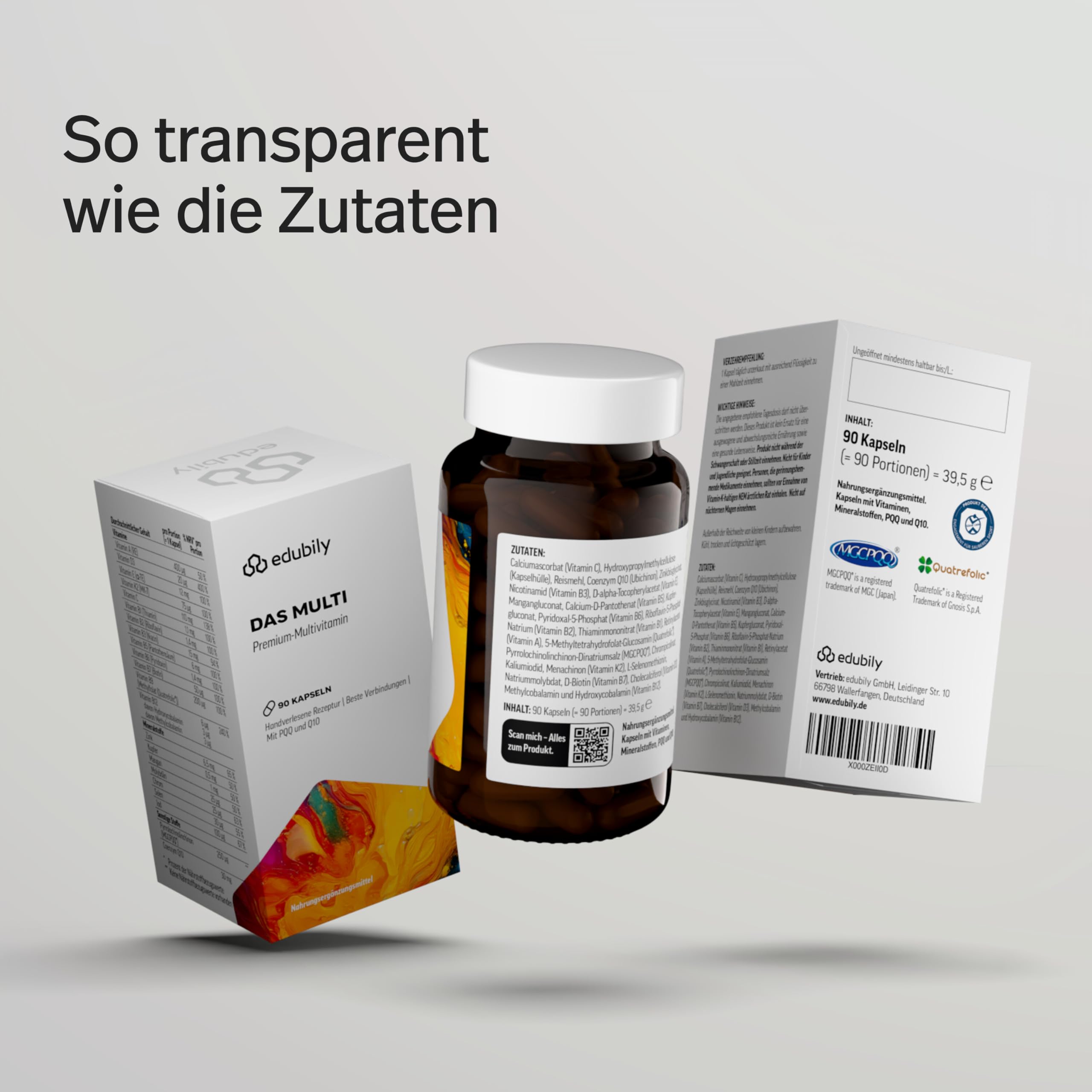 edubily® Das Multi - Multivitamin Kapseln als umfassende Mikronährstoff-Basis - mit 20 Mikronährstoffen, PQQ & Q10 - ohne unnötige Zusätze - 1 Kapsel täglich (90 Kapseln mit Iod)