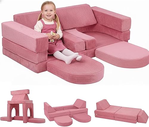 MeMoreCool Juego de Sofá Modular Infantil de 10 Piezas — Juego de Sofá de Espuma Convertible de Corduroy para Construir Fortalezas, Relajarse y