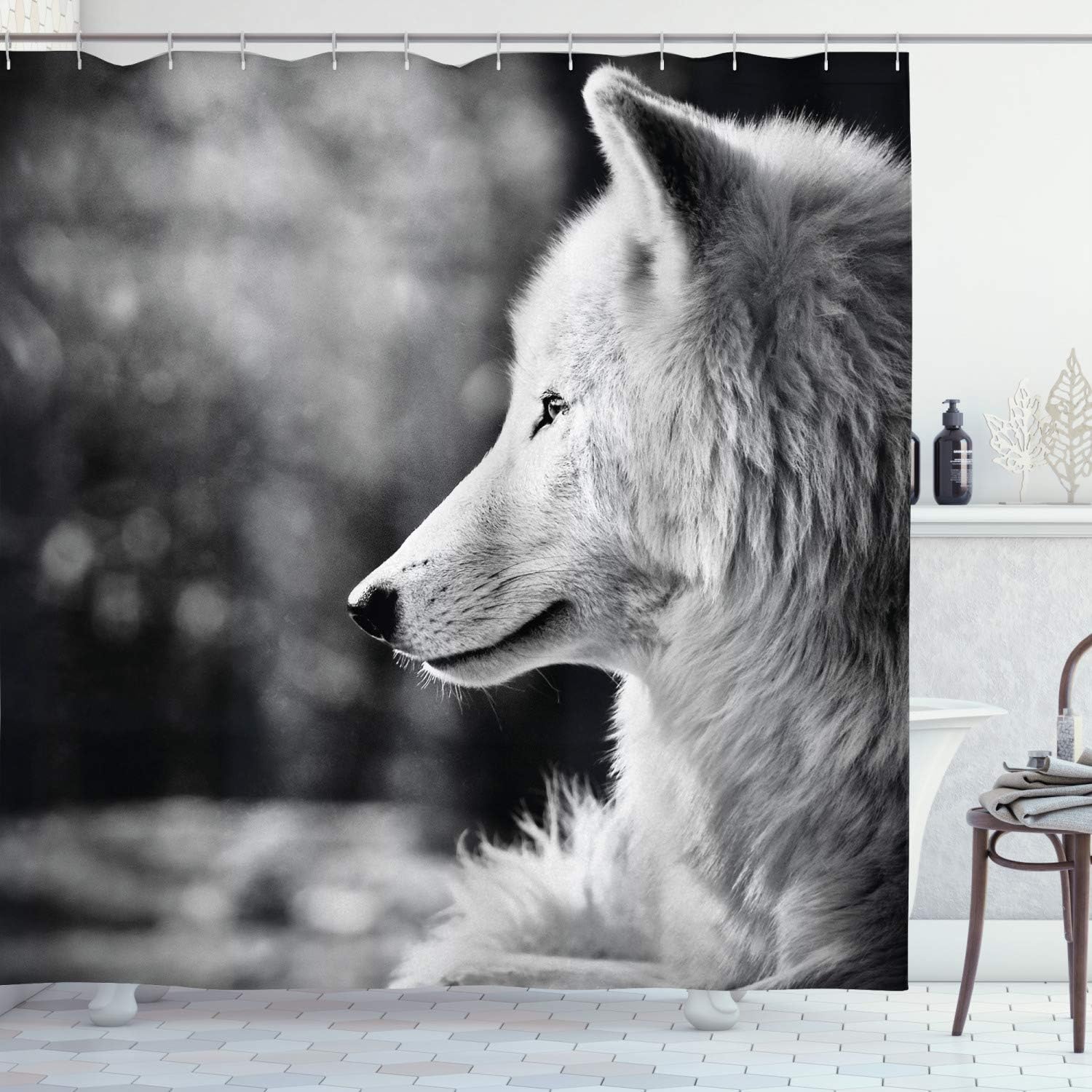 Ambesonne Wolf Shower Curtain, Animal Profile Portrait in The Nature Wildlife Carnivore Greyscale Canine Photography, Cloth Fabric Bathroom Decor Set with Hooks, 69" W x 70" L, Pale Grey