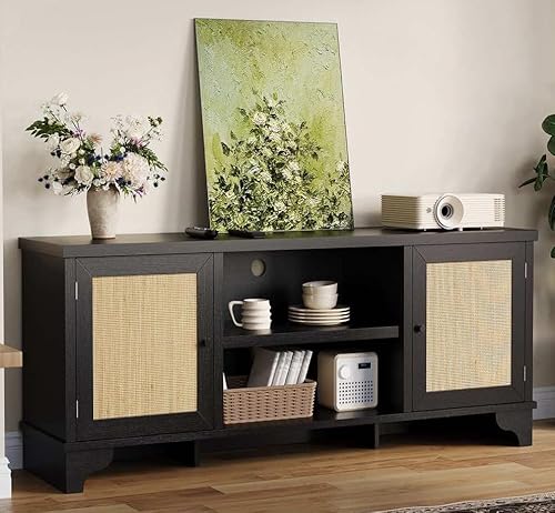 GarveeHome Rattan TV Stand for Living Room, Boho Entertainment Center for 55, 65, 70 Inch TV, TV Console Cabinet with Storage and Shelf, Black