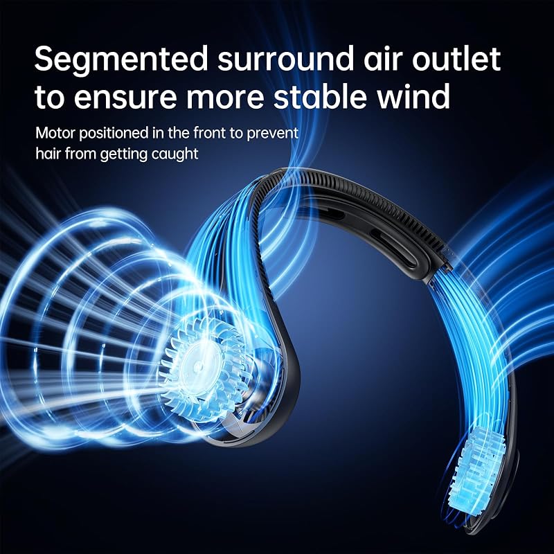 Ventilator de gât portabil JISULIFE cu suport pentru gât, utilizare hands-free, 5 viteze, reîncărcabil 5000 mAh, negru, pentru femei și bărbați
