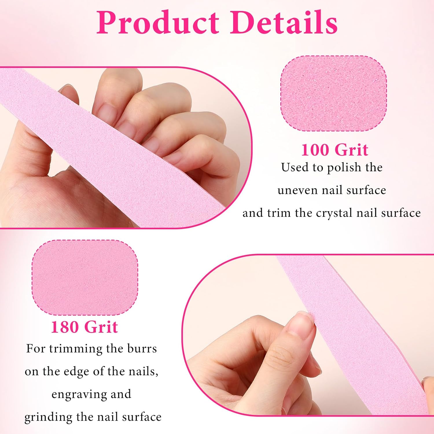 100 Pcs Nail Buffers 100/180 Grit Nail Buffer Block Washable Double Sided Sanding Block File Sponge Buffing Nails File for Acrylic Natural Gel Nails (Pink)