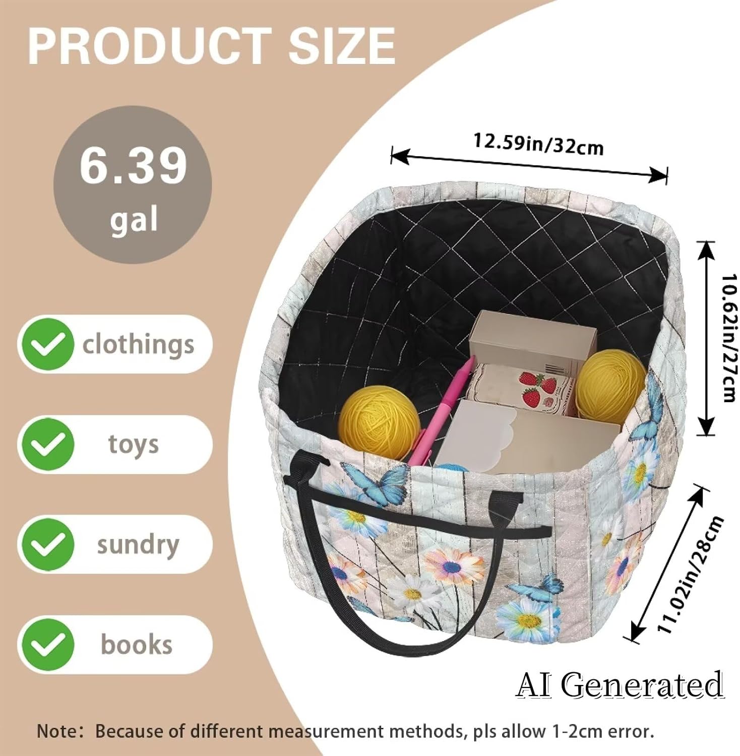 Daisy Wood Quilted Storage Basket Bins with Handles, Foldable Laundry Basket Toybox Room Nursery Bedroom Bathroom Clothes Toys Books, 12.59x11.02x10.62 Inches