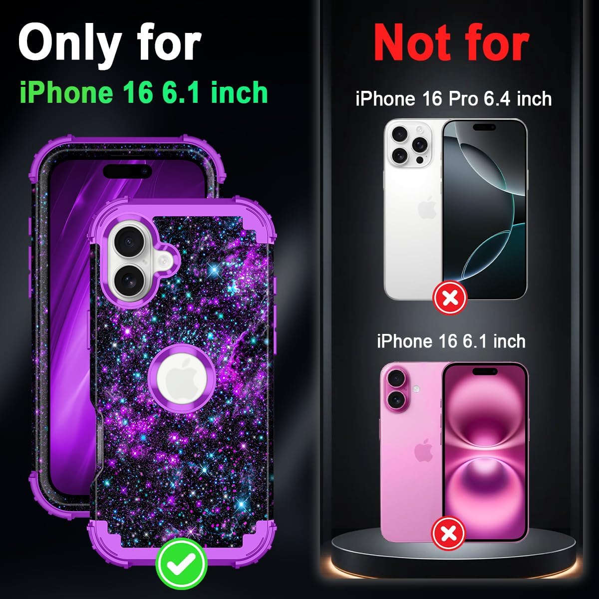  for iPhone 16 Case,Glow in The Dark Three Layer Heavy Duty Shockproof Protection Hard Plastic Bumper+Soft Silicone Case for Apple iPhone 16,Purple Starry Sky thumbnail