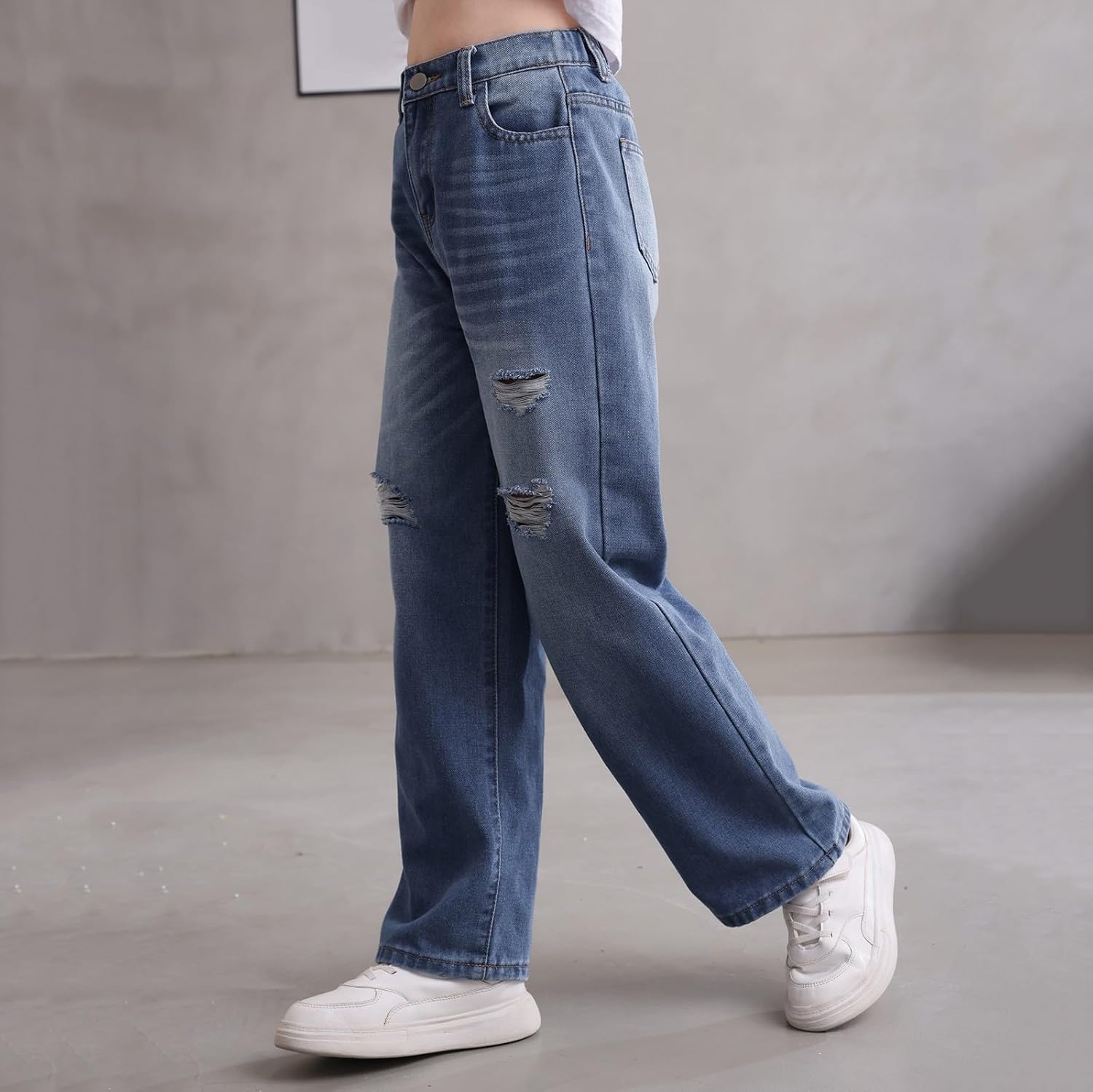 Baggy Ripped Jeans for Girls Straight Wide Leg Bootcut Y2k Slim Denim Pants Spring Trendy High Waist Streetwear Pants