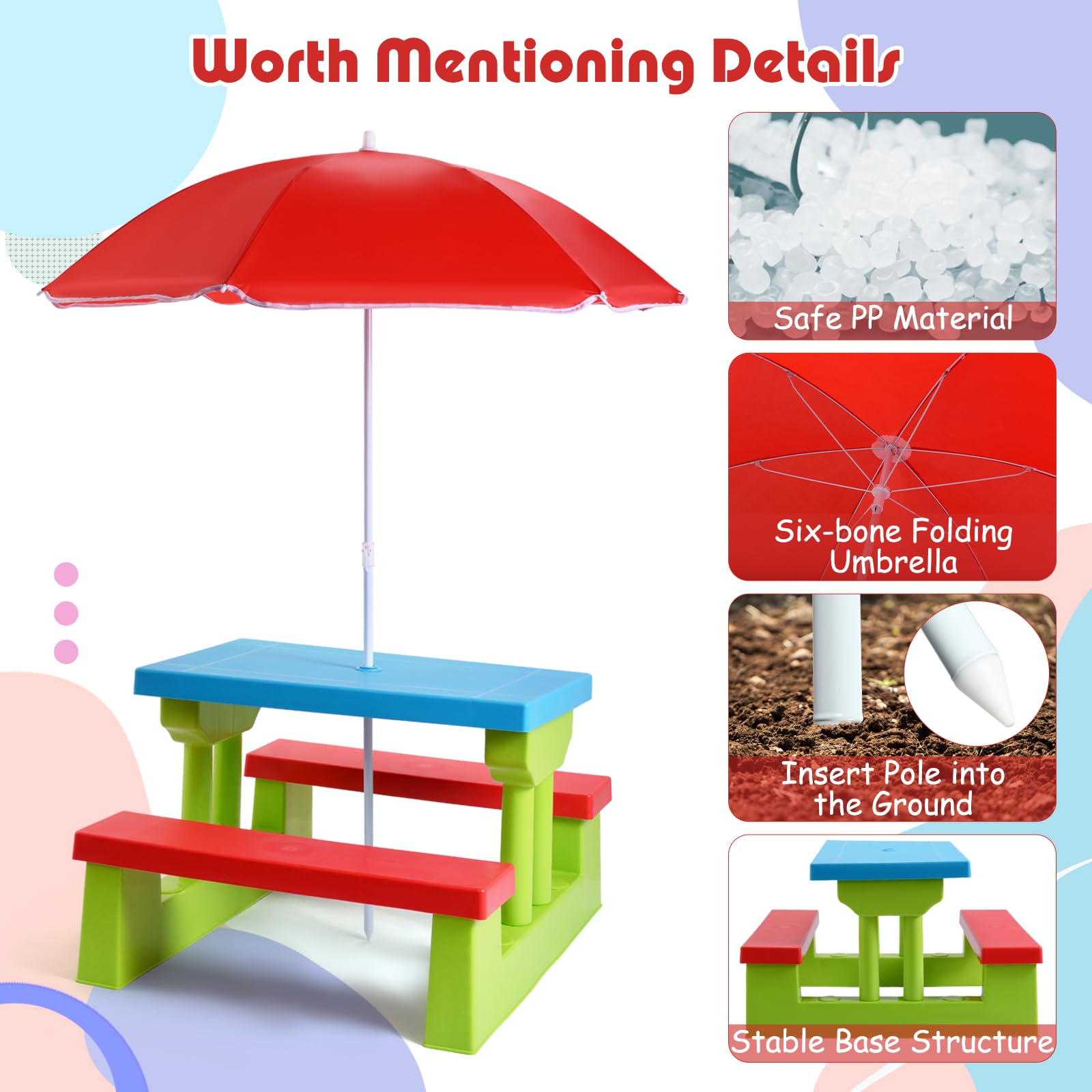FIREFLOWERY Kids Picnic Table, Kids Outdoor Table and Chairs with Removable and Adjustable Umbrella, Kids Bench Table Indoor, Portable Toddler Picnic Table for Patio, Backyard, Garden (Red)