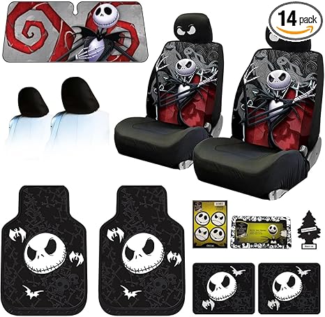 Yupbizauto New Plasticolor Nightmare Before Christmas Jack Skellington Ghostly Car Truck SUV Seat Covers Sunshade Headrest Covers Heavy Duty Rubber Floor Mats Bundle Set