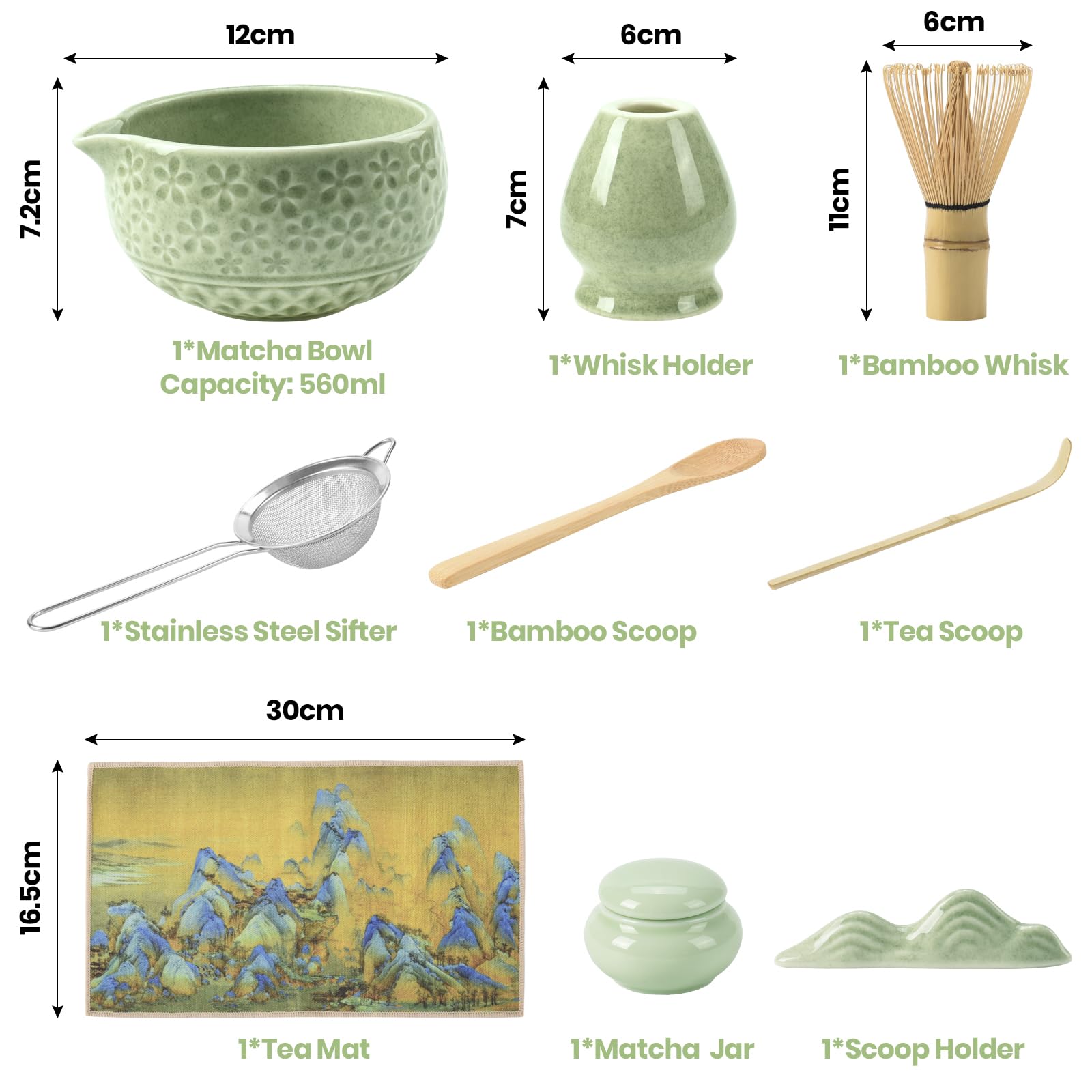 Matcha Kit | Set de Regalo de Ceremonia del Té Matcha 9 Piezas | Cuenco 560ml, Batidor, Cuchara de Bambú, Soporte, Posavasos, Frasco y Colador | Ideal para Principiantes y Entusiastas (Verde)