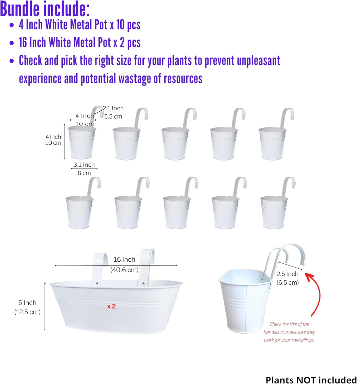 LaLaGreen Bundle- 2 Pack, 16 Inch + 10 Pack, 4 Inch White Metal Pot Window Hanging Flower Herb Succulent Holder Bucket with Hook Box Boho Style Modern Fence Rail Patio Porch Balcony Home Outdoor Decor