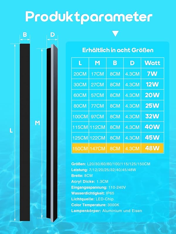 AOEH Villa hosszú LED fali lámpa fekete alumínium IP65 vízálló kültéri kert, terasz, nappali és hálószoba, 150 cm, 48 W, meleg fény