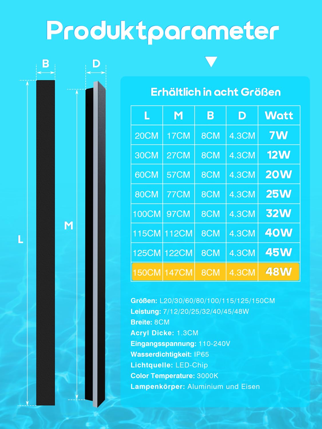 Lámpara de pared larga Villa Apliques de pared negra Impermeable Ip65 Apliques de exterior aluminio Luz de pared LED Aplique para jardines,terrazas,dormitorios,sala de estar,150cm/48w, luz cálida
