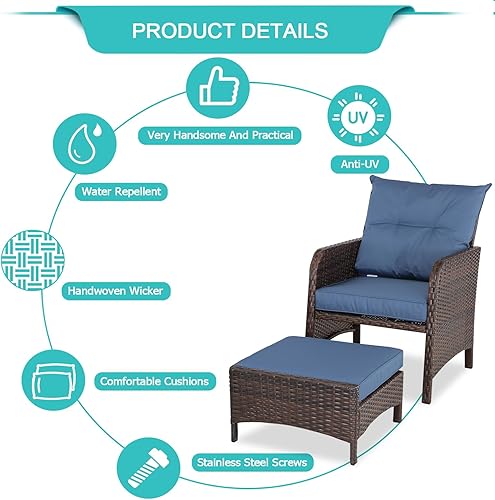 Miniatura 7 de Furnimy Balcony Furniture - Juego de 5 sillas de mimbre para patio al aire libre con otomana de mimbre de polietileno con cojines extraíbles para