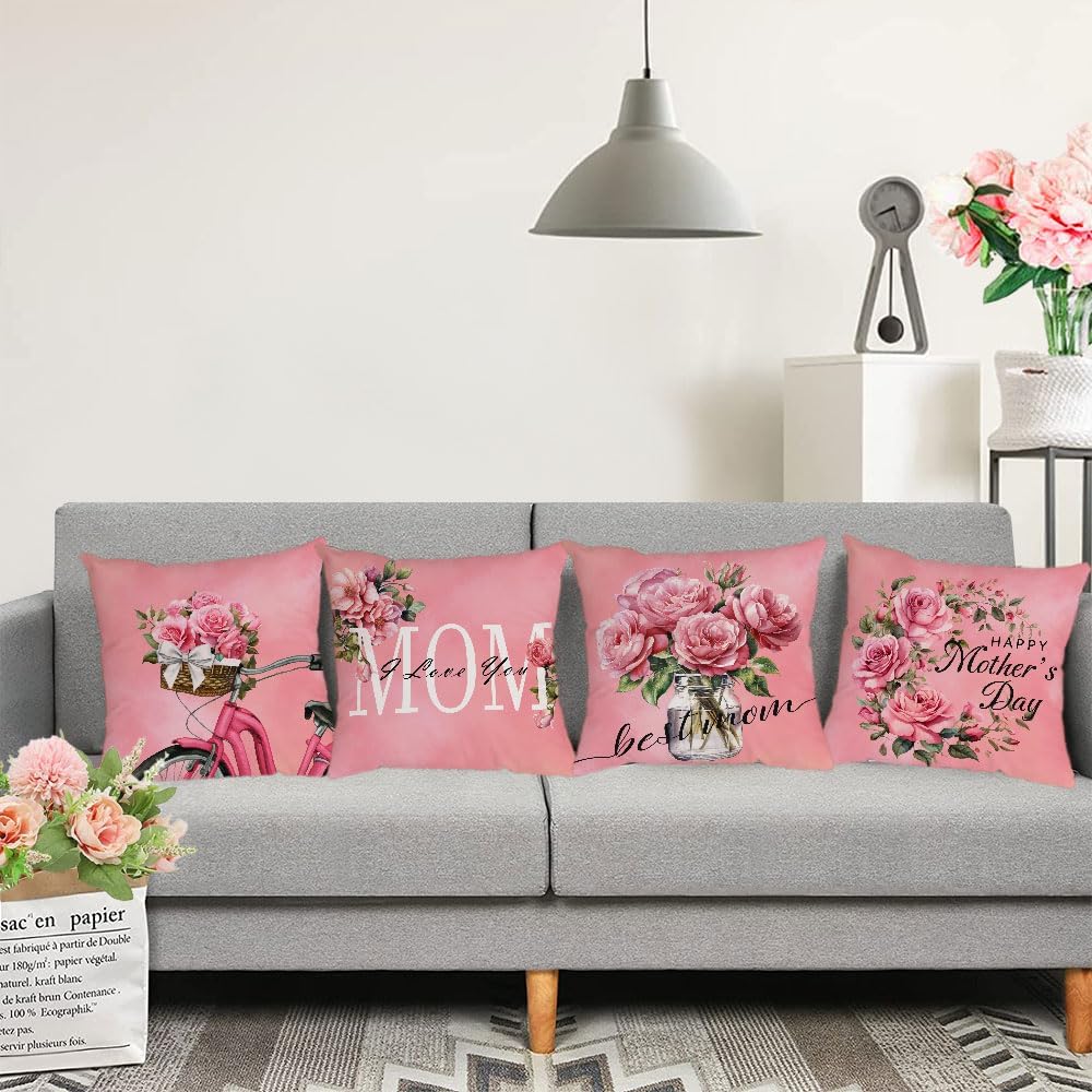 Neatee Living Mothers Day Pillow Covers 26x26 Set of 4 Velvet Mom Throw Pillow Covers Pink Rose Flower Floral Cushion Covers Pillow Case Gift for Mother Mom Birthday Home Outdoor Sofa Decoration (26)