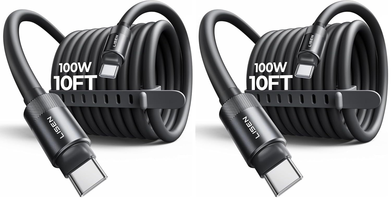 LISEN USB C Cable Charger Type C (10FT,100W) Soft Silicone USBC to USBC for Switch 2 iPhone 16 Pro Max Charger Cord, iPhone 15, MacBook Pro/Air, iPad Pro/Air, Samsung S25, Black (Pack of 2)