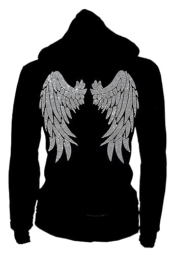 Women's Zip Up Hoodie with Rhinestone Angel Wings and Pockets,