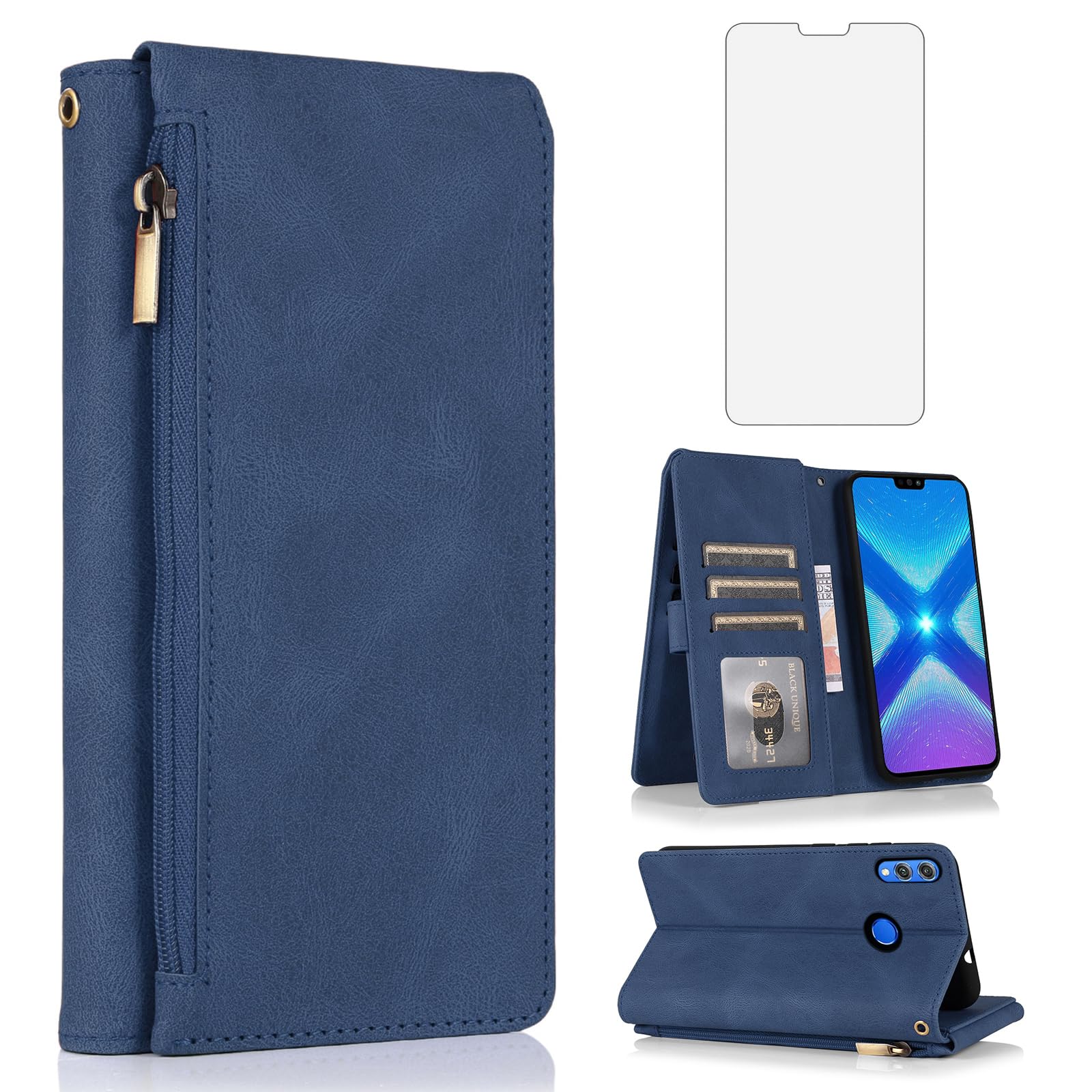 Asuwish Handyhülle für Huawei Honor 8X/View 10 Lite Hülle mit Band Folie Schutzfolie Kartenfach Klappbar Leder Geldbörse Ständer Hawaii Honor8X 5G JSN-L21 Handy Hüllen Schutzhülle Phone Case Blau