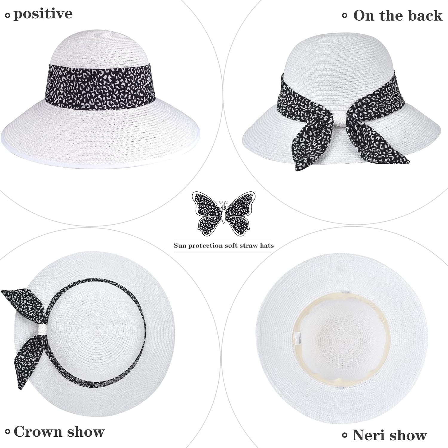 Womens Straw Sun Hat Summer Beach Wide Brim UV Protection Hats with Chin Strap Floppy Foldable Cute Bowknot UPF 50 Cap