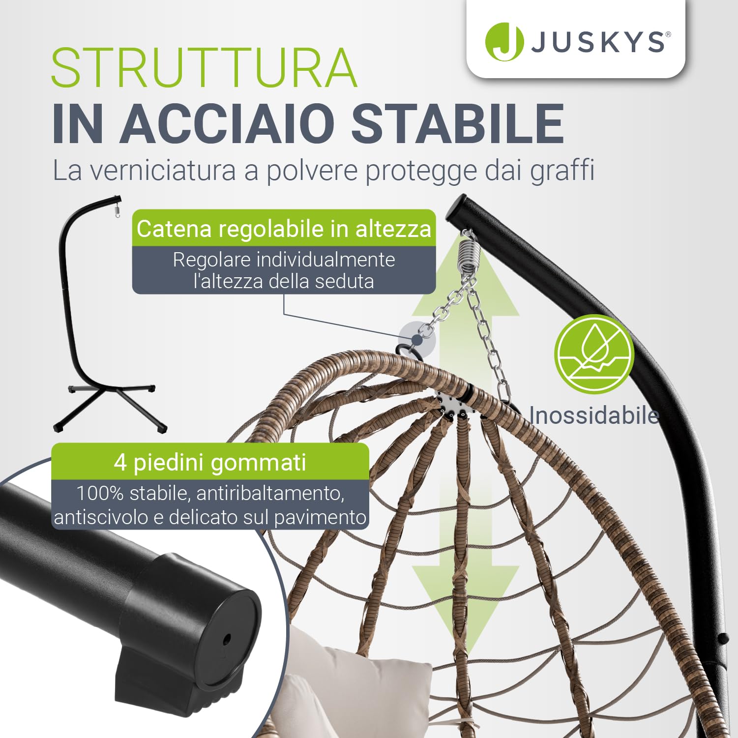 Juskys Sedia sospesa Lani con cuscini - regolabile in altezza e pieghevole - polyrattan dondolo sospeso per esterni e interni - Poltrona a uovo sospesa Beige fino a 130 kg