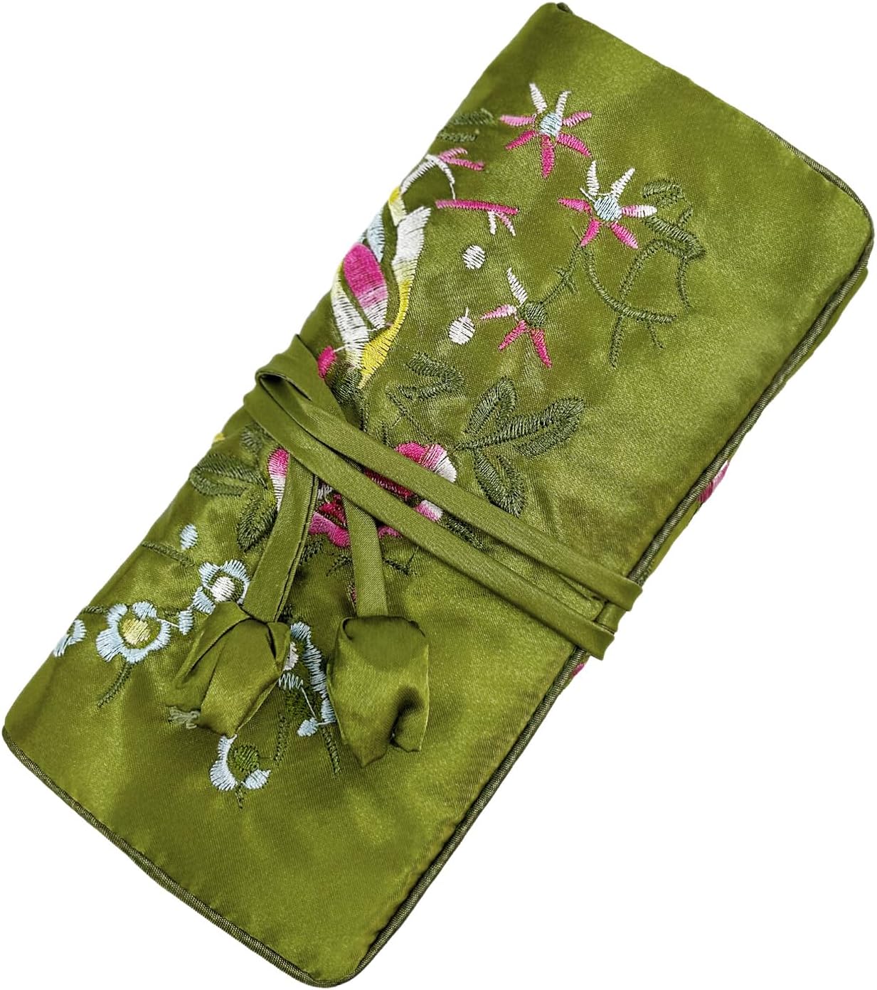 Wei Long Jewelry Roll, Travel Jewelry Roll Bag,Silk Embroidery Brocade Jewelry Organizer Case with Tie Close (Blossom, Pink)