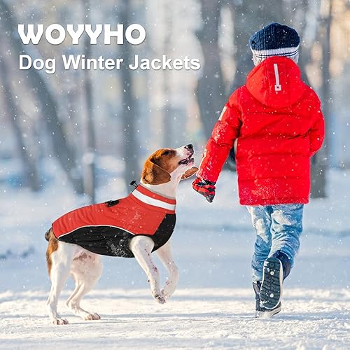 Miniatura 5 de WOYYHO Abrigo de invierno para perro, ropa reflectante cálida impermeable para perro con arnés integrado a prueba de viento, chaquetas para perros