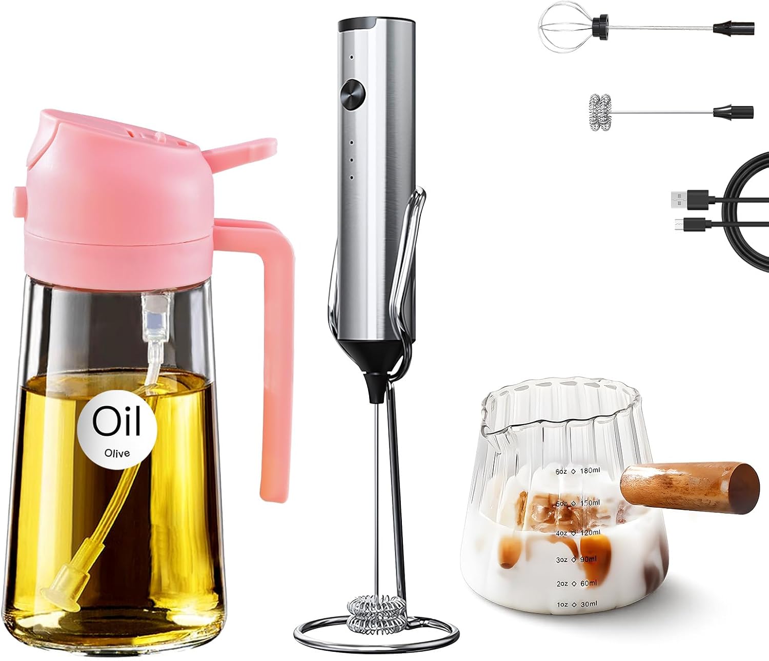 YARRAMATE 16oz/470ml Glass Olive Oil Sprayer (Pink), 180ml Glass Measuring Cup and Rechargeable Milk Frother