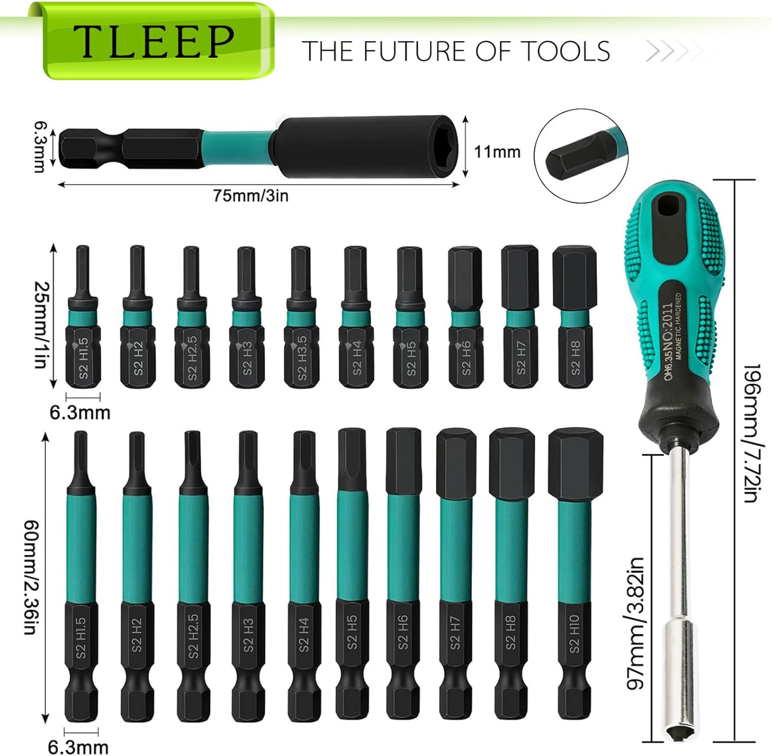 20PCS Impact Drill Allen Key Bit Set 25mm+60mm Long, Hex Bit Set H1.5-H10 Metric Impact Screwdriver Driver Bits, 1/4" Hex-Shank S2 Steel with Magnetic Bit Holder & 196mm Handle Screwdriver