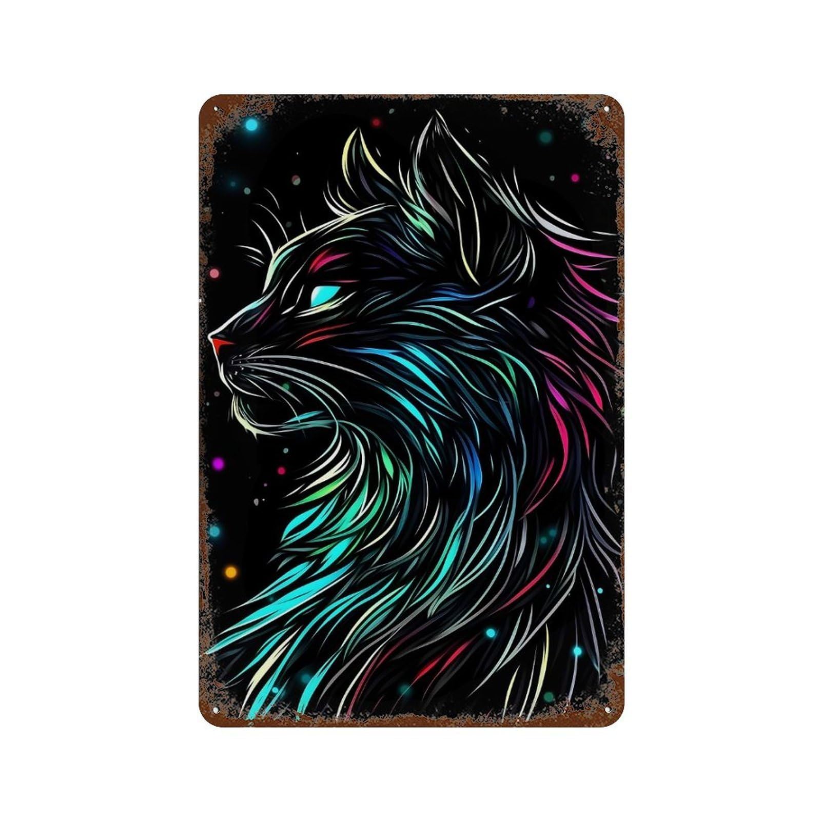 Neon Cat Portrait Rust Effect Tin Sign 11.8"x7.9", Rustic Home Decor for Cafe, Home Bar And Lounge Decor