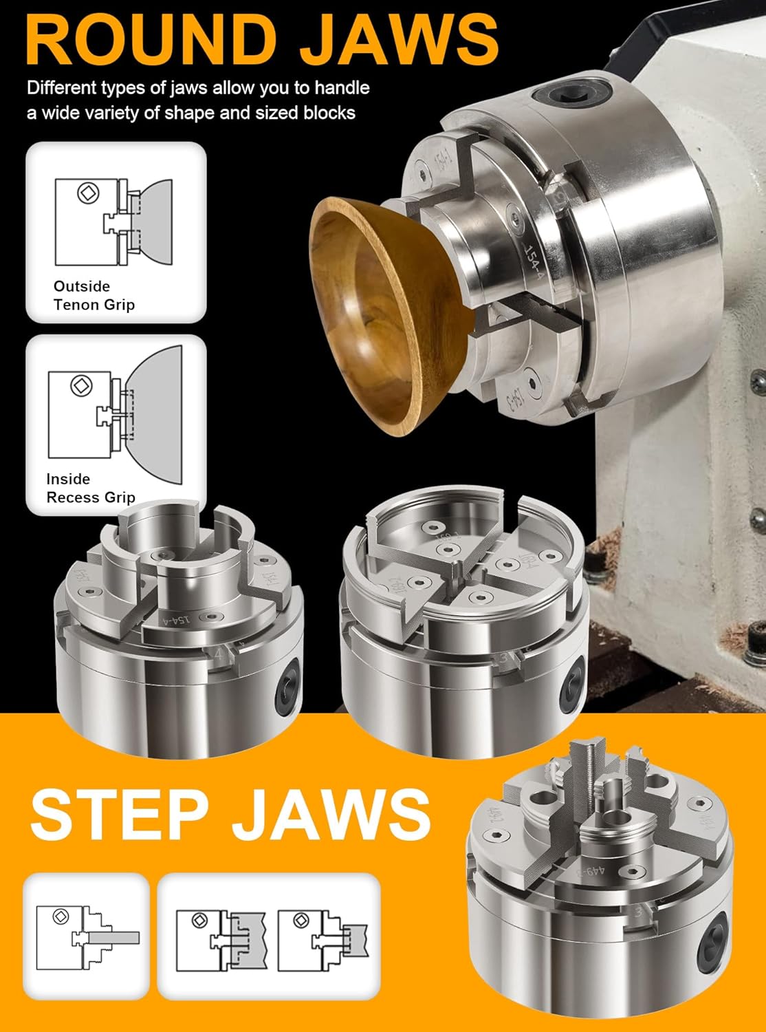 4 Inch Wood Lathe Chuck Set 1" x 8 tpi Thread & 3/4"x16 tpi Adapter, Self Centering 4 Jaw Wood Turning Chuck set with 3 frequently used types of Jaws