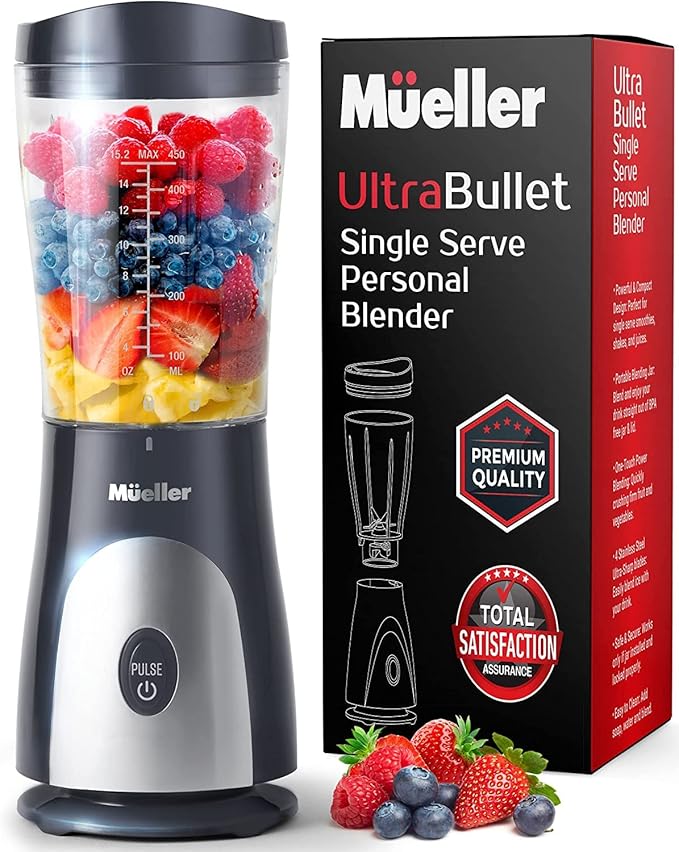 Mueller Extremely Bullet Private Blender for Shakes and Smoothies with 15 Oz Journey Cup and Lid, Juices, Child Meals, Heavy-Responsibility Moveable Blender & Meals Processor, Gray