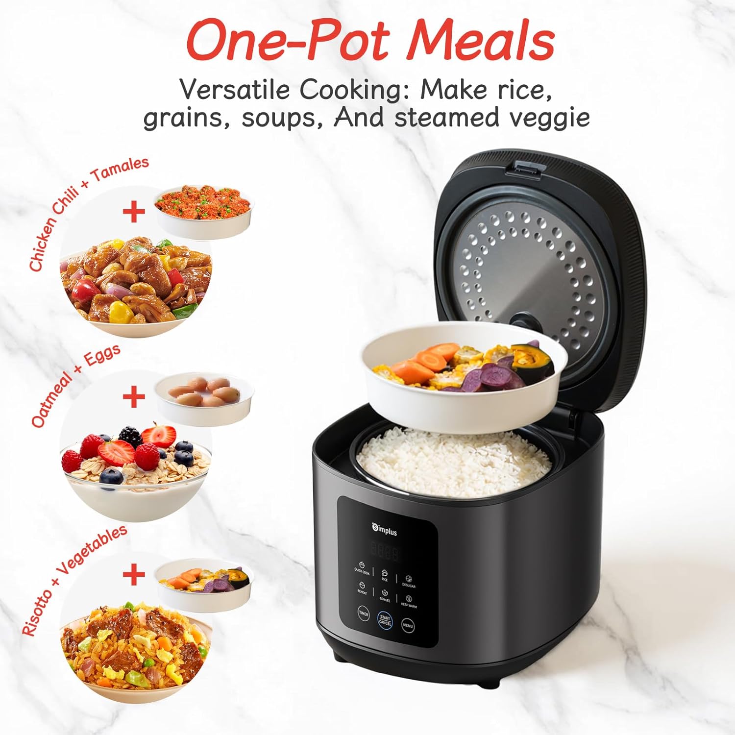 Rice cooker with a steaming basket on top, showing various one-pot meal possibilities like chicken chili, oatmeal with eggs, and risotto with vegetables