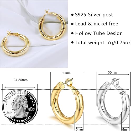 Miniatura 6 de Aretes de aro de oro trenzado para mujer, gruesos, gruesos, ligeros, hipoalergénicos, Plata