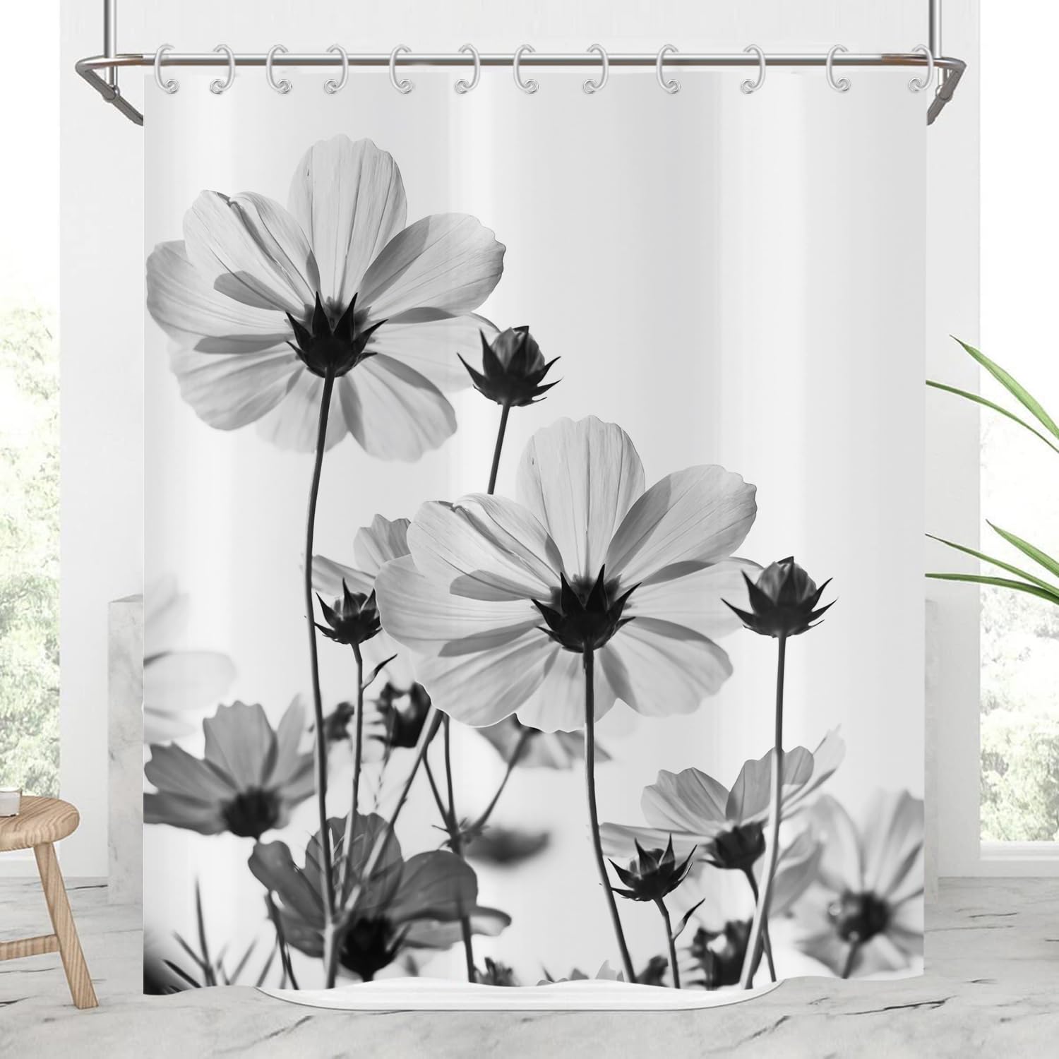 Hnmdmyi Floral Shower Curtain 180x240, Grey Daisy Flower Elegant Wildflower Design Farmhouse Bathroom Curtains with Hooks Waterproof Polyester Fabric Washable Bath Curtains for Wet Room