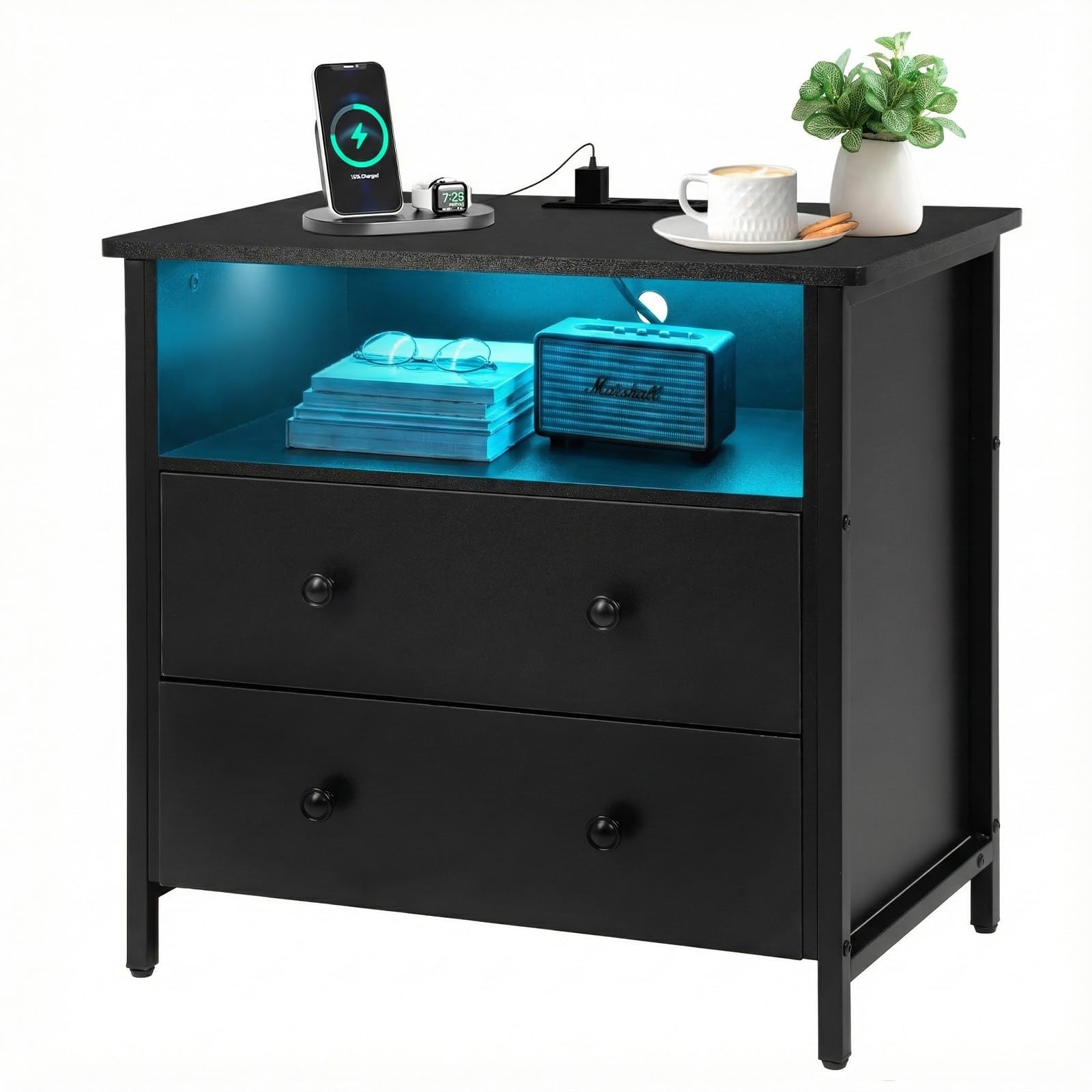 27 inch wide night stand, large wood night stand with 2 drawer, led nightstand with charging station and adjustable drawer, bedside table for living room/bedroom/study/office, black.