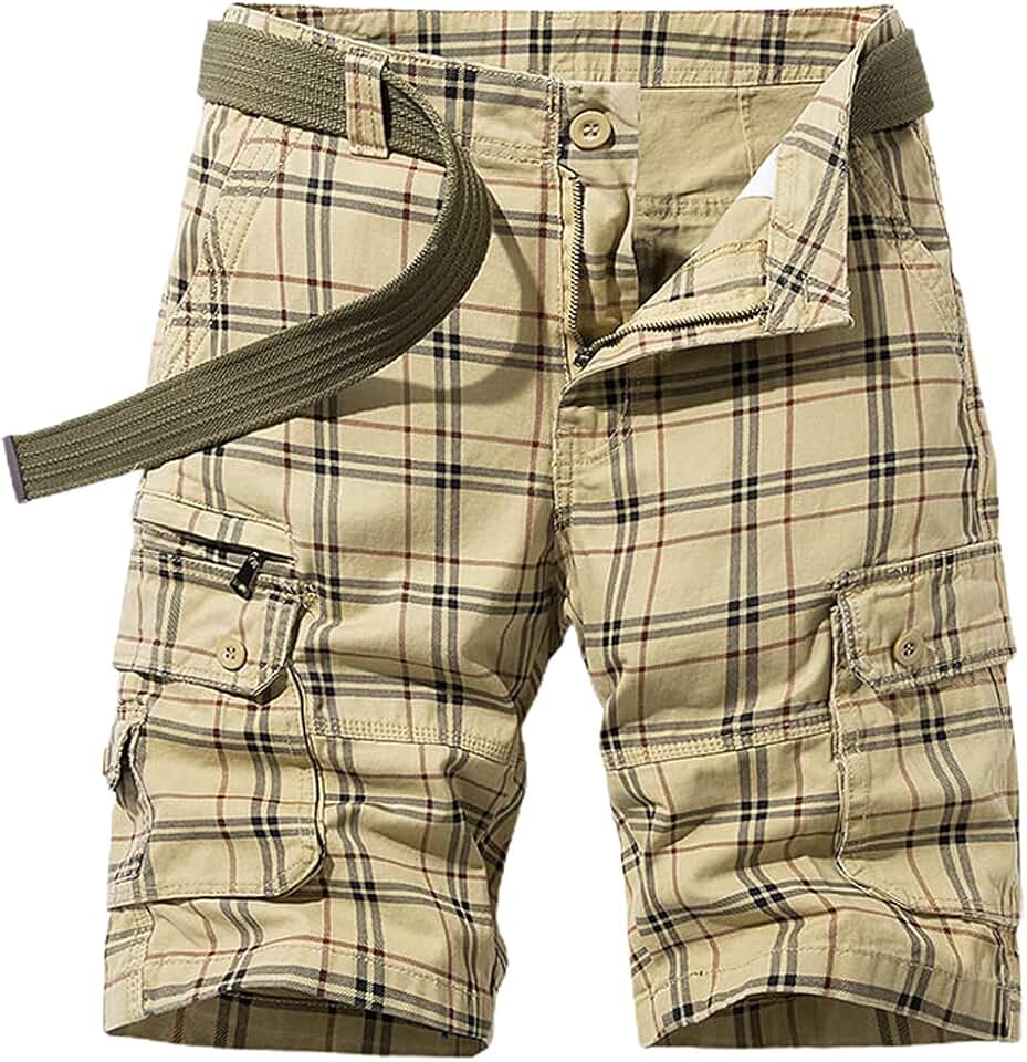 Bermuda cargo masculina xadrez com vários bolsos e pernas retas, Caqui, 29